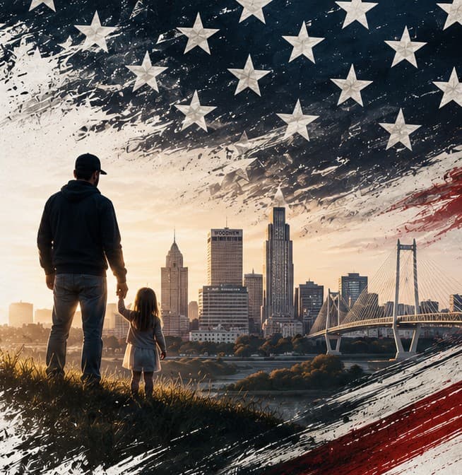 A father and his young daughter looking out over the city skyline beneath the American flag